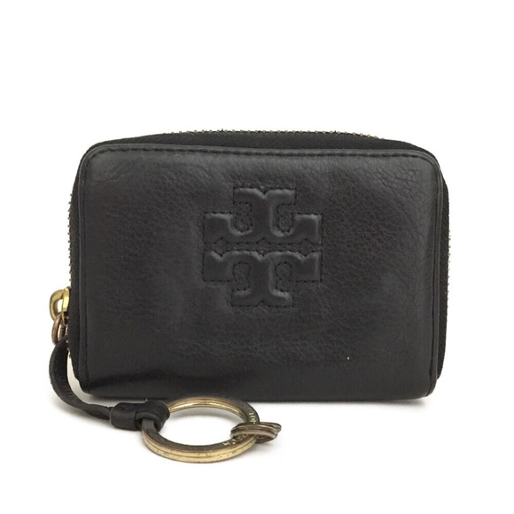 Auth. TORY BURCH Mcgraw Leather Zip Around Coin Purse Wallet Black w. Key Ring